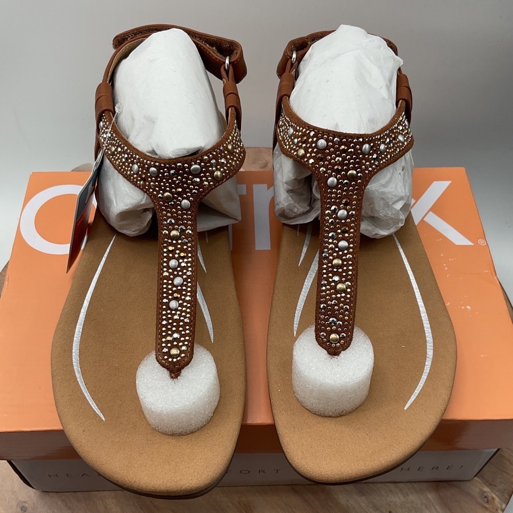 Aetrex Jillian Studded Leather Thong Sandals Cognac Brown Arch Support NEW
